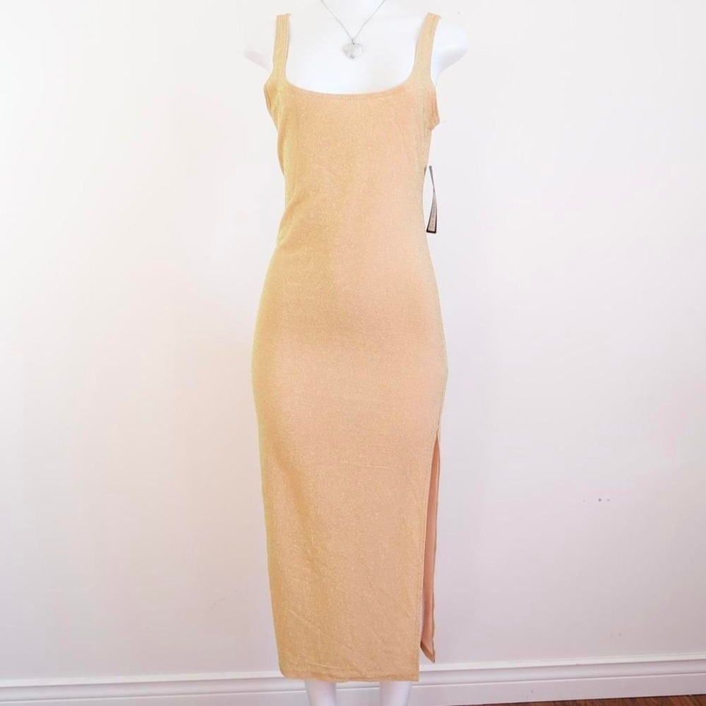 bebe gold shimmer maxi dress y2k glam slit gown